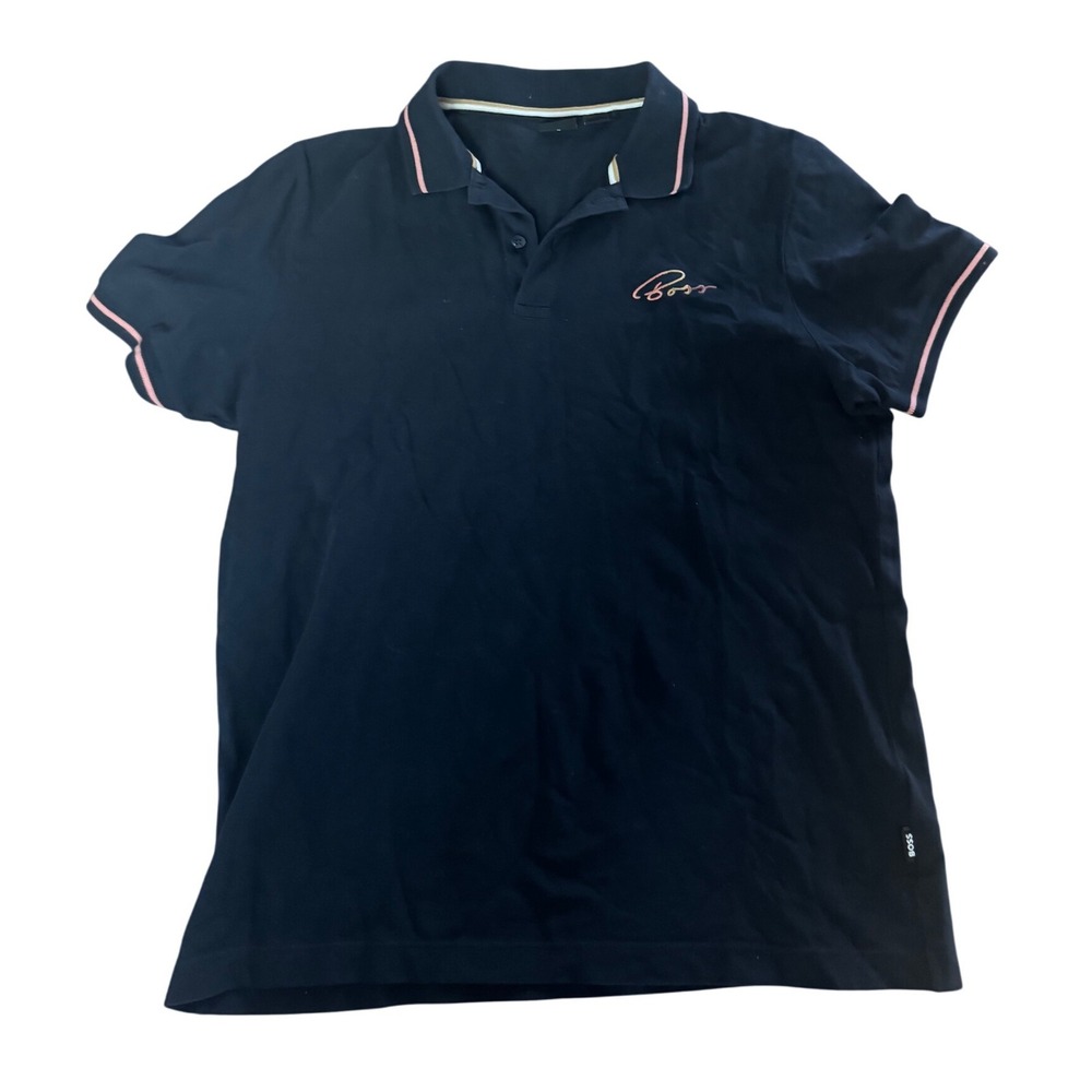 BOSS Men's Dark Navy Polo Shirt Pink Trim Logo Embroidery Size‎ M